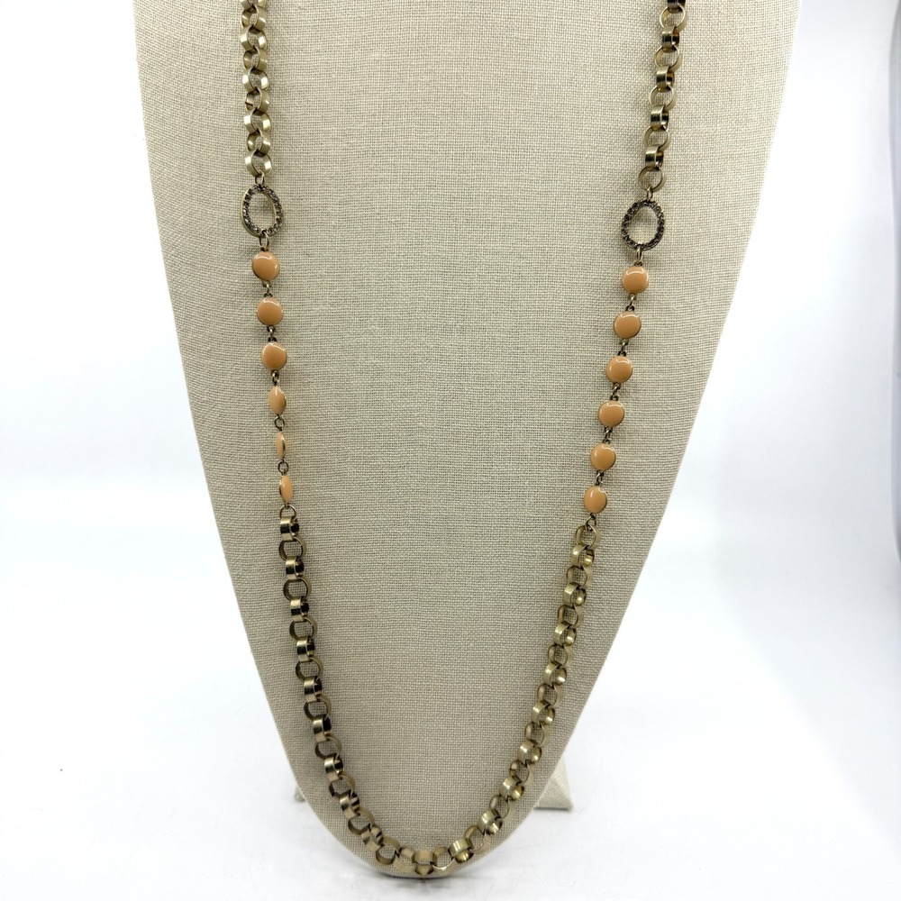 Antique Gold Tone Peach Enamel Rhinestone Long Chain Necklace Boho Statement
